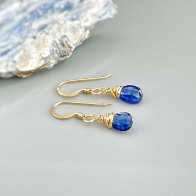 Dainty Blue Kyanite Gemstone earrings dangle drop teardrop 14k Gold, sterling silver blue kyanite jewelry handmade minimalist gift for wife