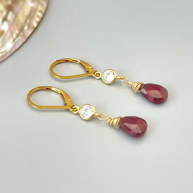 Dainty Garnet Earrings dangle, 14k Gold Dangly red gemstone crystal 14k unique Handmade January Birthstone Jewelry for women gift for mom
