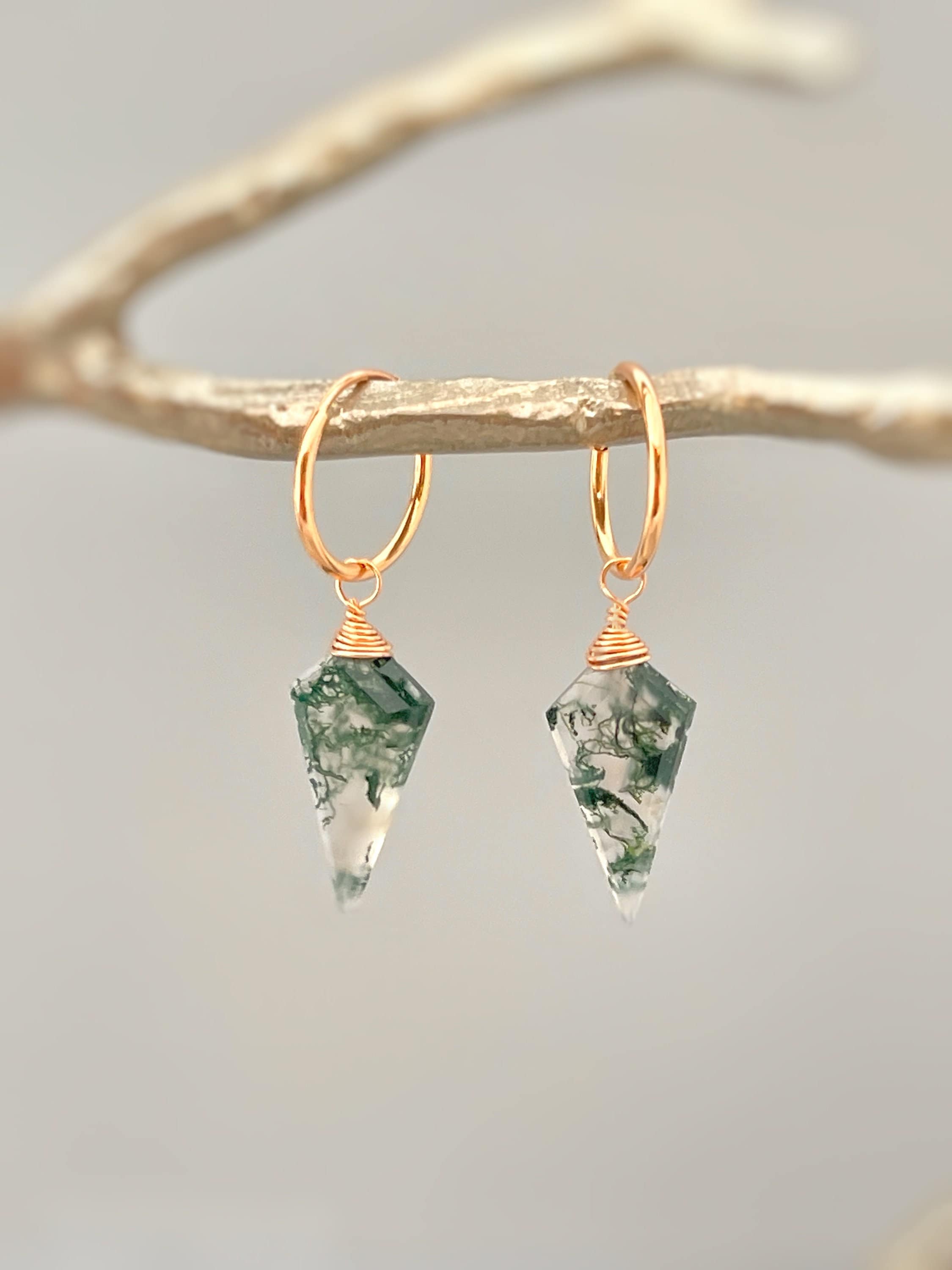 Moss Agate Huggie Hoop Earrings in Rose Gold Fill