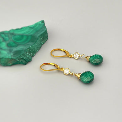 Malachite Green earrings dangle Dainty Gold Crystal Gemstone 14k dangly tear drop boho handmade jewelry for women, birthstone gift for wife