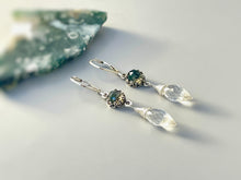 Load image into Gallery viewer, Unique Handmade Moss Agate and Crystal Quartz Earrings Dangle