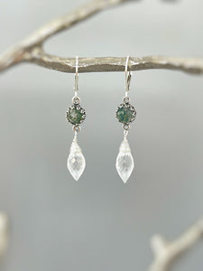 Unique Handmade Moss Agate and Crystal Quartz Earrings Dangle Hanging