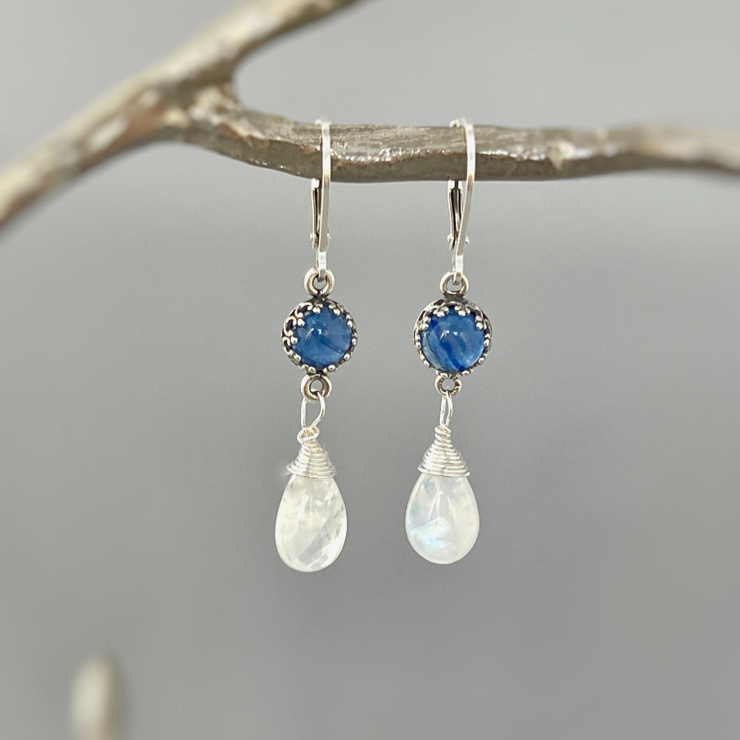 Handmade Blue Kyanite and Moonstone Earrings Dangle Handmade Sterling Silver birthstone jewelry for women gemstone earrings gift for wife, mom