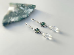Unique Handmade Moss Agate and Crystal Quartz Earrings Dangle