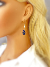 Load image into Gallery viewer, Sapphire Blue earrings dangle gold silver September Birthstone Leverback sparkling crystal 14k Gold Fill Handmade jewelry Dangly drops gift