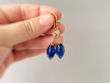 Load image into Gallery viewer, Sapphire Blue earrings dangle gold silver September Birthstone Leverback sparkling crystal 14k Gold Fill Handmade jewelry Dangly drops gift
