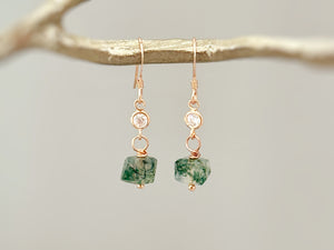 Dangly Moss Agate Earrings dainty raw gemstone crystal earrings Rose Gold, Sterling Silver, 14k Gold