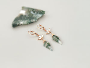 Crystal Moss Agate Earrings Dangle Rose Gold, Sterling Silver, 14k Gold Fill