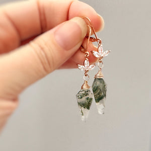 Crystal and Moss Agate Earrings Dangle Rose Gold, Sterling Silver, 14k Gold Fill
