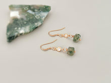 Load image into Gallery viewer, Dangly Moss Agate Earrings dainty raw gemstone crystal earrings Rose Gold, Sterling Silver, 14k Gold